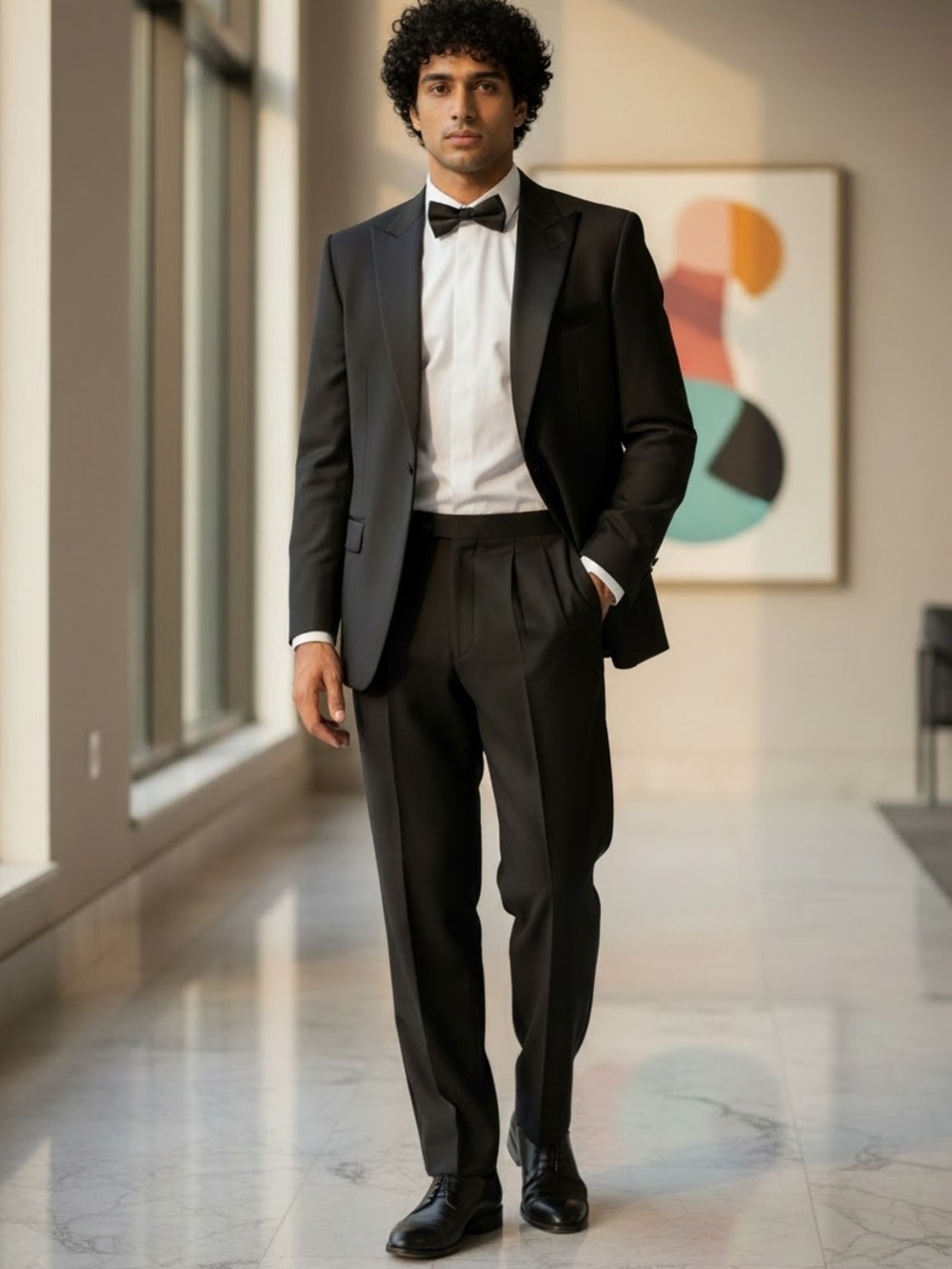 90s EMANUEL TUXEDO BLACK WOOL & SATIN SINGLE BREASTED JACKET & PLEATED TROUSERS